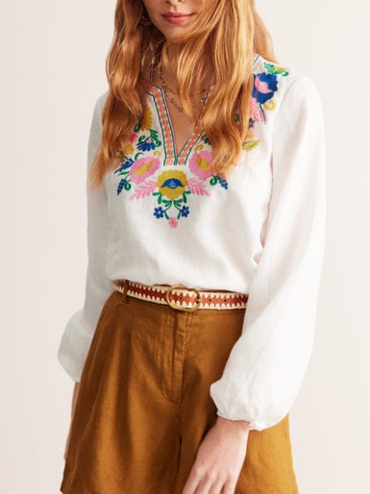 White Floral Linen Top