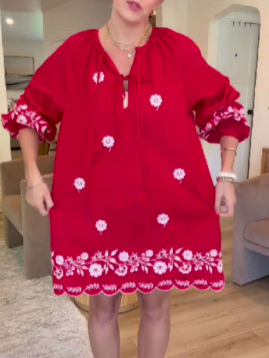 Flower Embroidery Casual Long Sleeve Dress