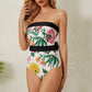 Off Shoulder Back Bow Tie Color Block Printed One Piece Swimsuit and Skirt