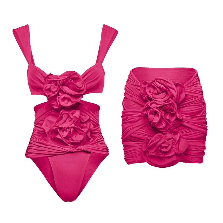 3D Flower Cutout One Piece Swimsuit and Skirt