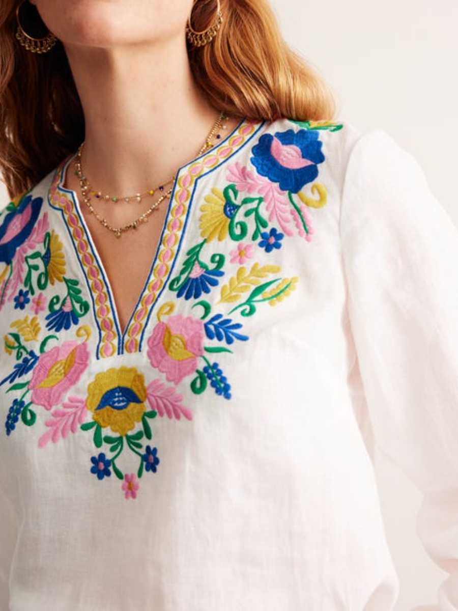 White Floral Linen Top