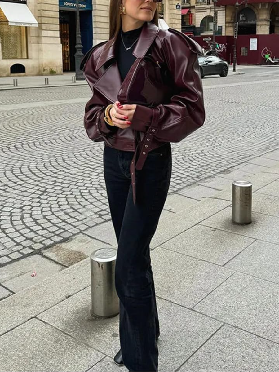 Long Sleeve Retro Collar Leather Jacket