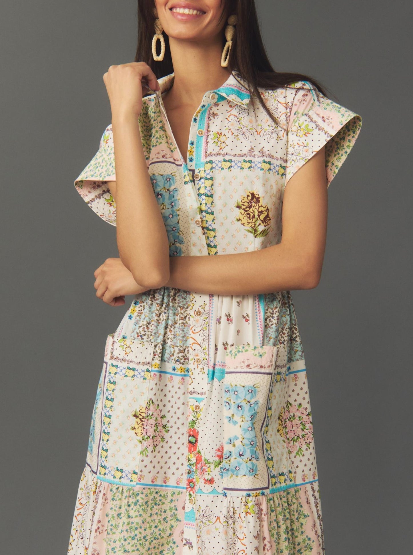 Printed Patchwork Short Sleeve Shirtdress