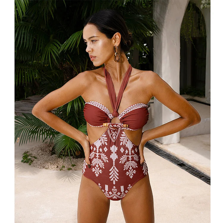 Bamboo Buckle Halter Cutout Retro Print One Piece Swimsuit and Skirt