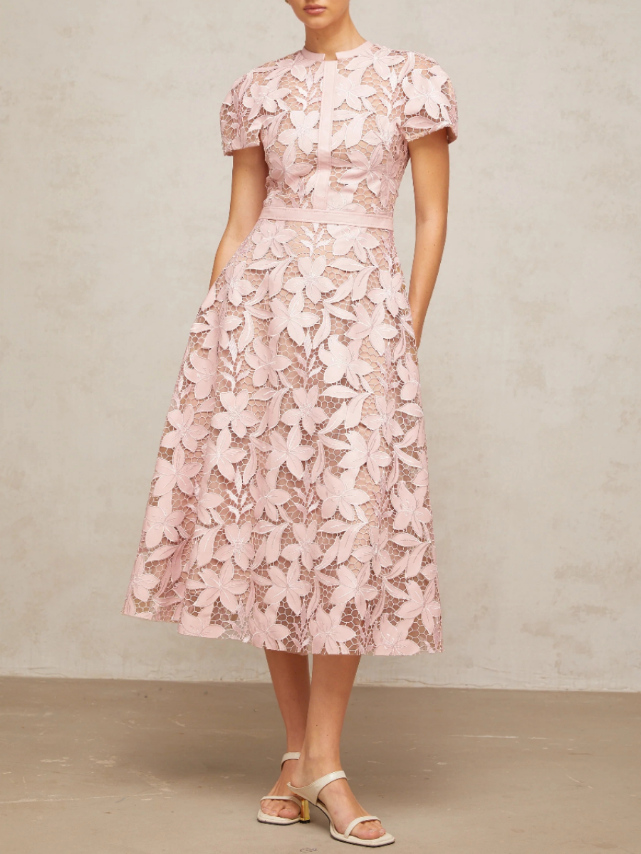 Pink Guipure Lace Midi Dress