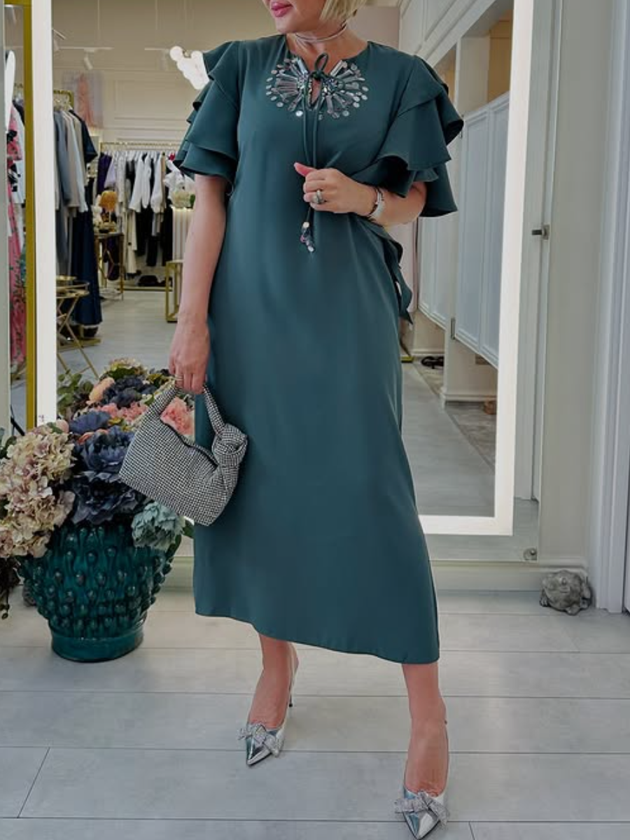 Rhinestone Side Slit Ruffle Sleeve Dress