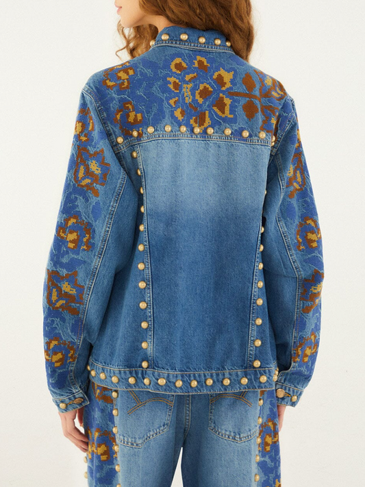 Denim Metal Details Embroidered Jacket and Pants