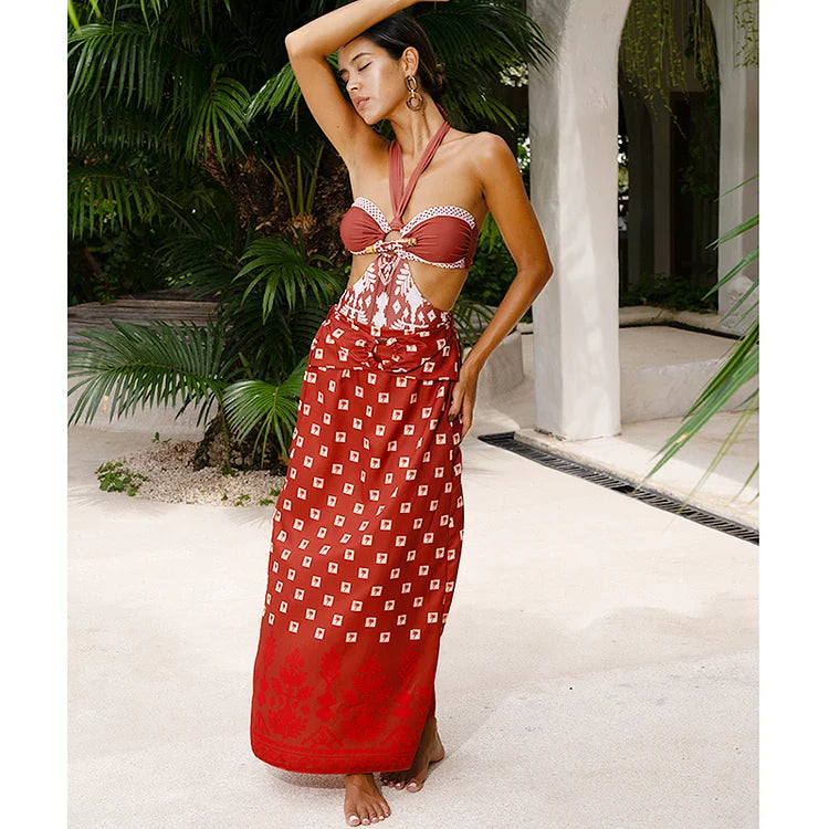 Bamboo Buckle Halter Cutout Retro Print One Piece Swimsuit and Skirt