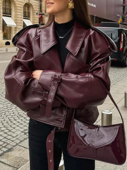 Long Sleeve Retro Collar Leather Jacket