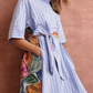 Striped Colorful Leaf Print Shirt Dress