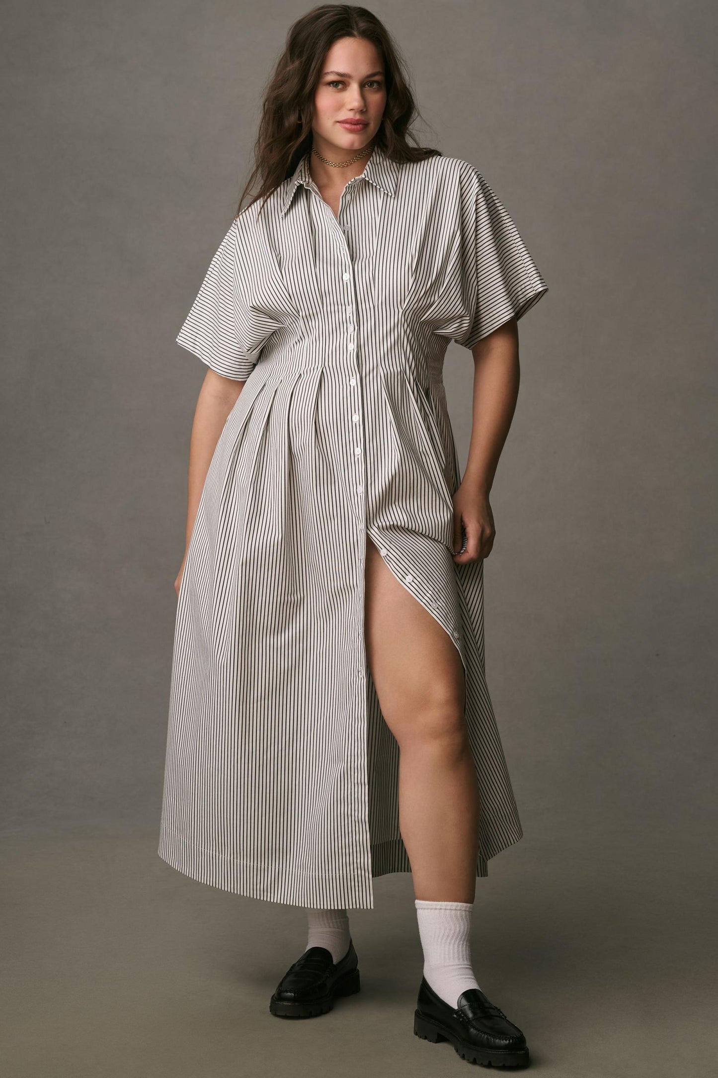 Button-Front Pleated Shirt Dress