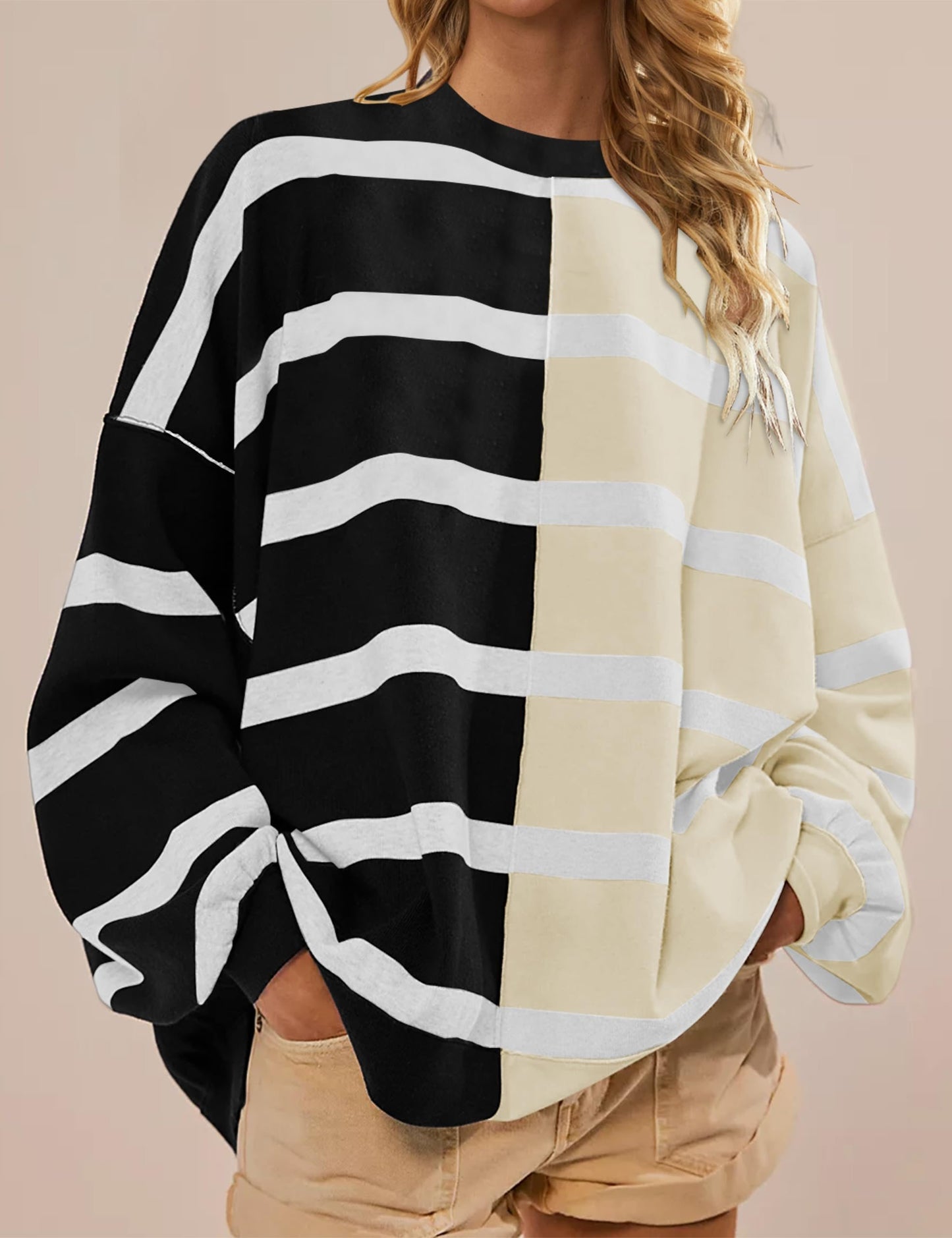 Striped Oversized Crew Neck Colorblock Knit Top (Buy 2 Get Free Shipping)