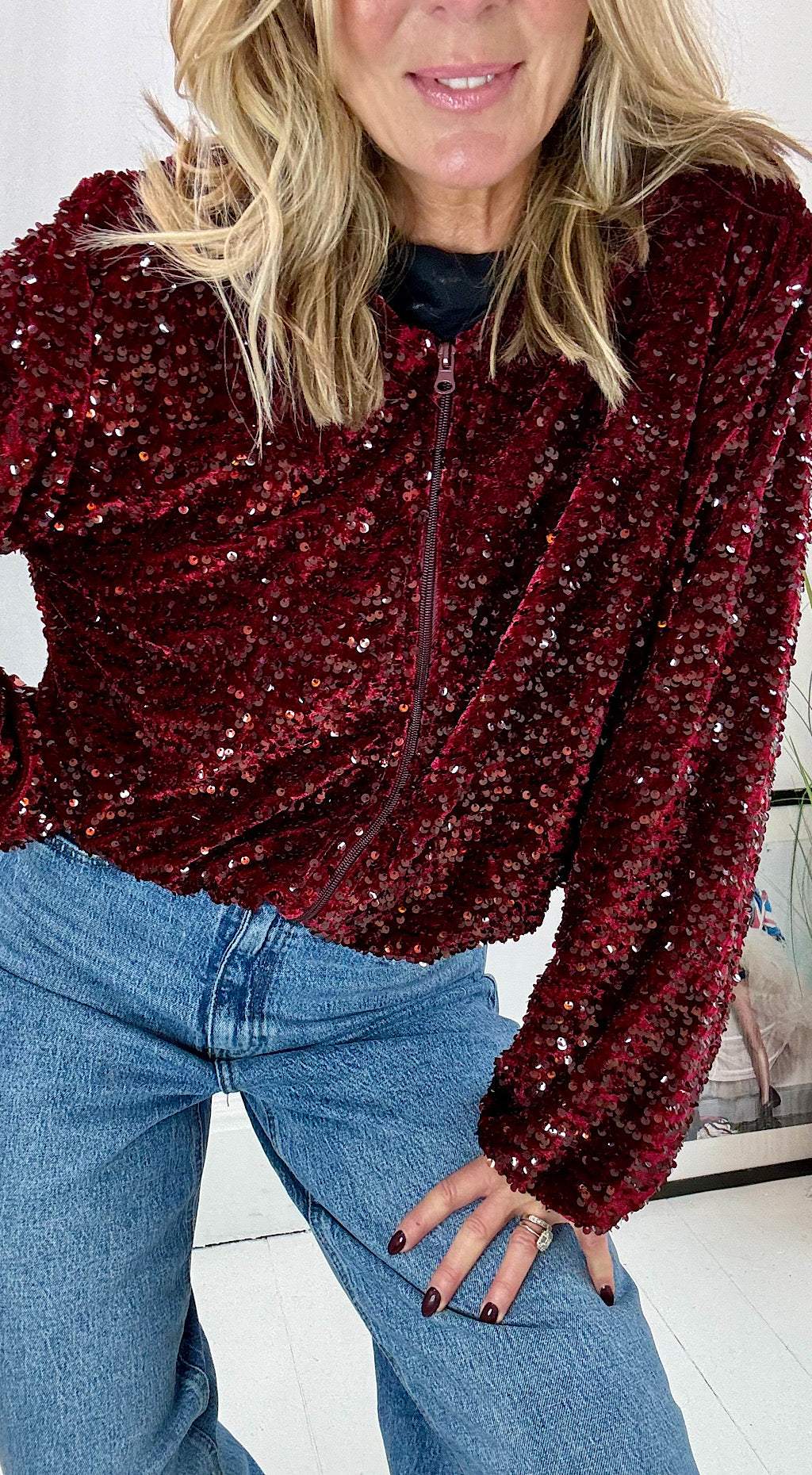 Burgundy Sequin Bomber Jacket