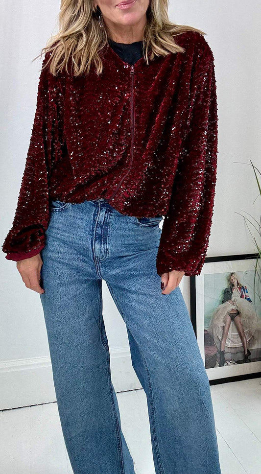 Burgundy Sequin Bomber Jacket