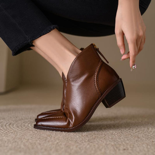 Vintage Cowhide Pointed Toe Chunky Heel Boots