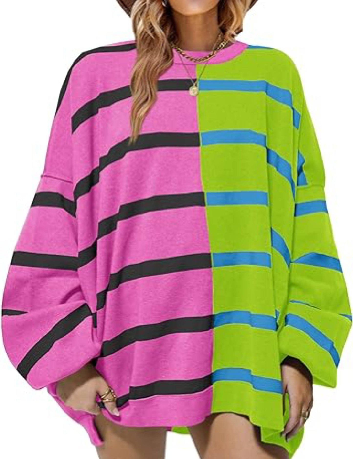 Striped Oversized Crew Neck Colorblock Knit Top (Buy 2 Get Free Shipping)