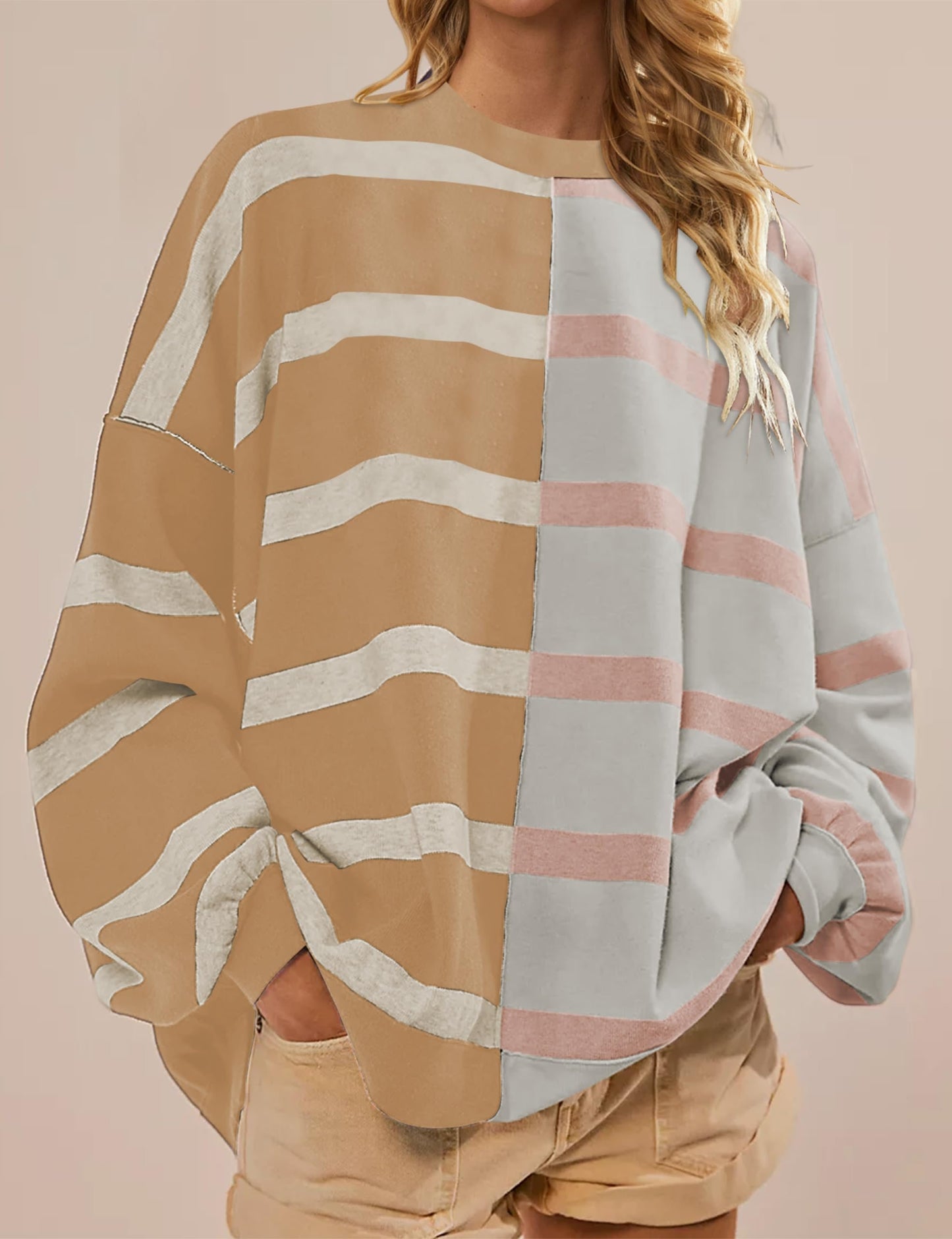 Striped Oversized Crew Neck Colorblock Knit Top (Buy 2 Get Free Shipping)