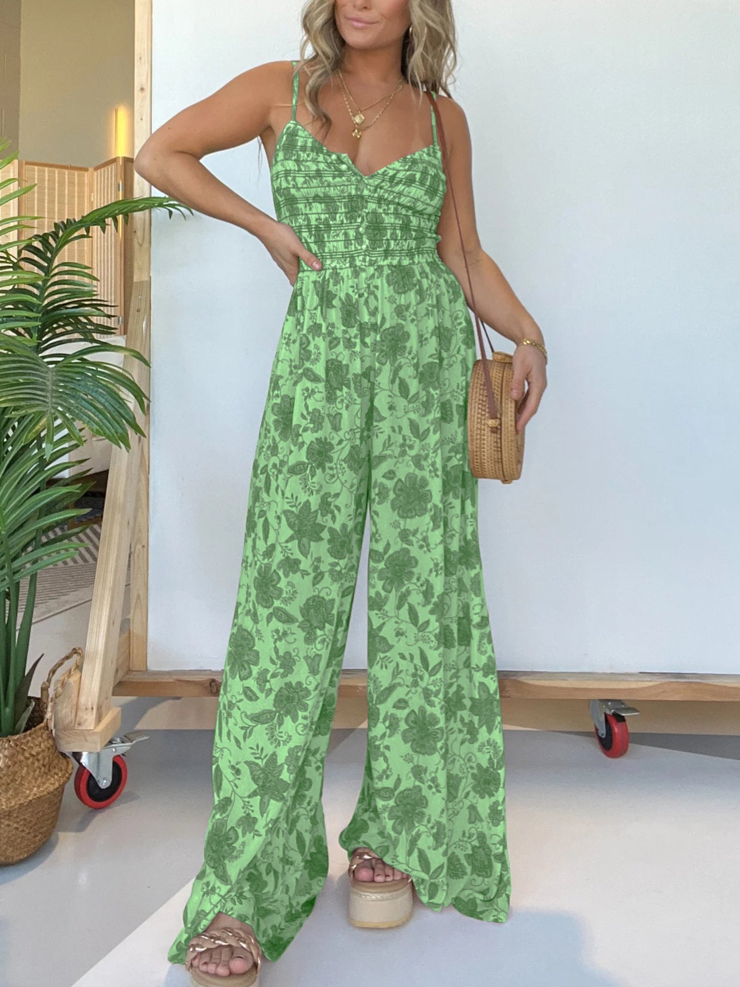 Floral Suspender Wide Leg Jumpsuit