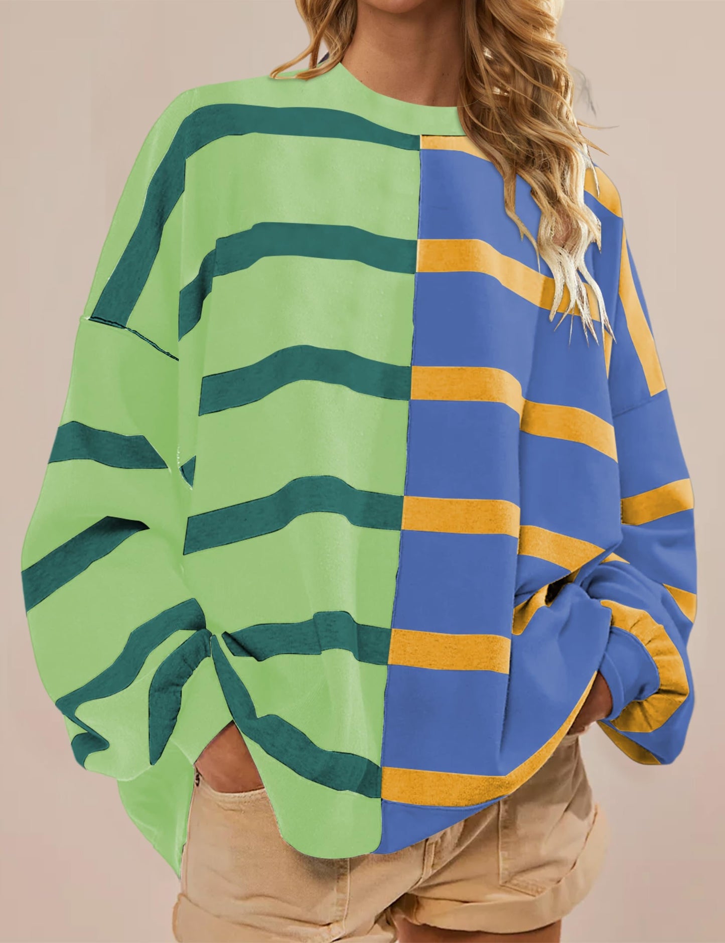 Striped Oversized Crew Neck Colorblock Knit Top (Buy 2 Get Free Shipping)