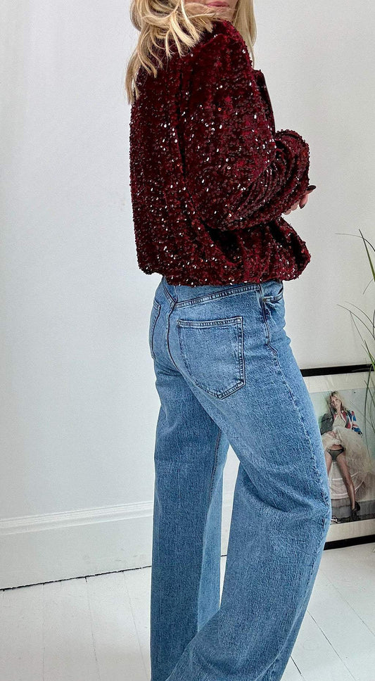 Burgundy Sequin Bomber Jacket