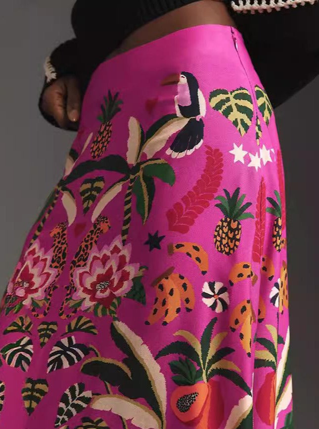 Tropical Animal Plant Print Vintage A-Line Skirt