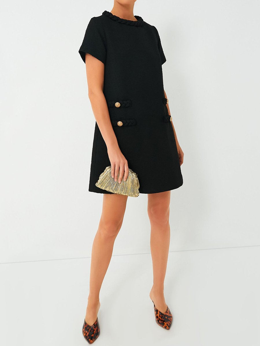 Elegant Short Sleeve Button Tweed Dress