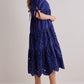 V Neck Puff Sleeve Eyelet Midi Dress