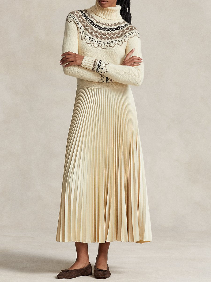 Knit Sweater-Pleated Turtleneck Dress