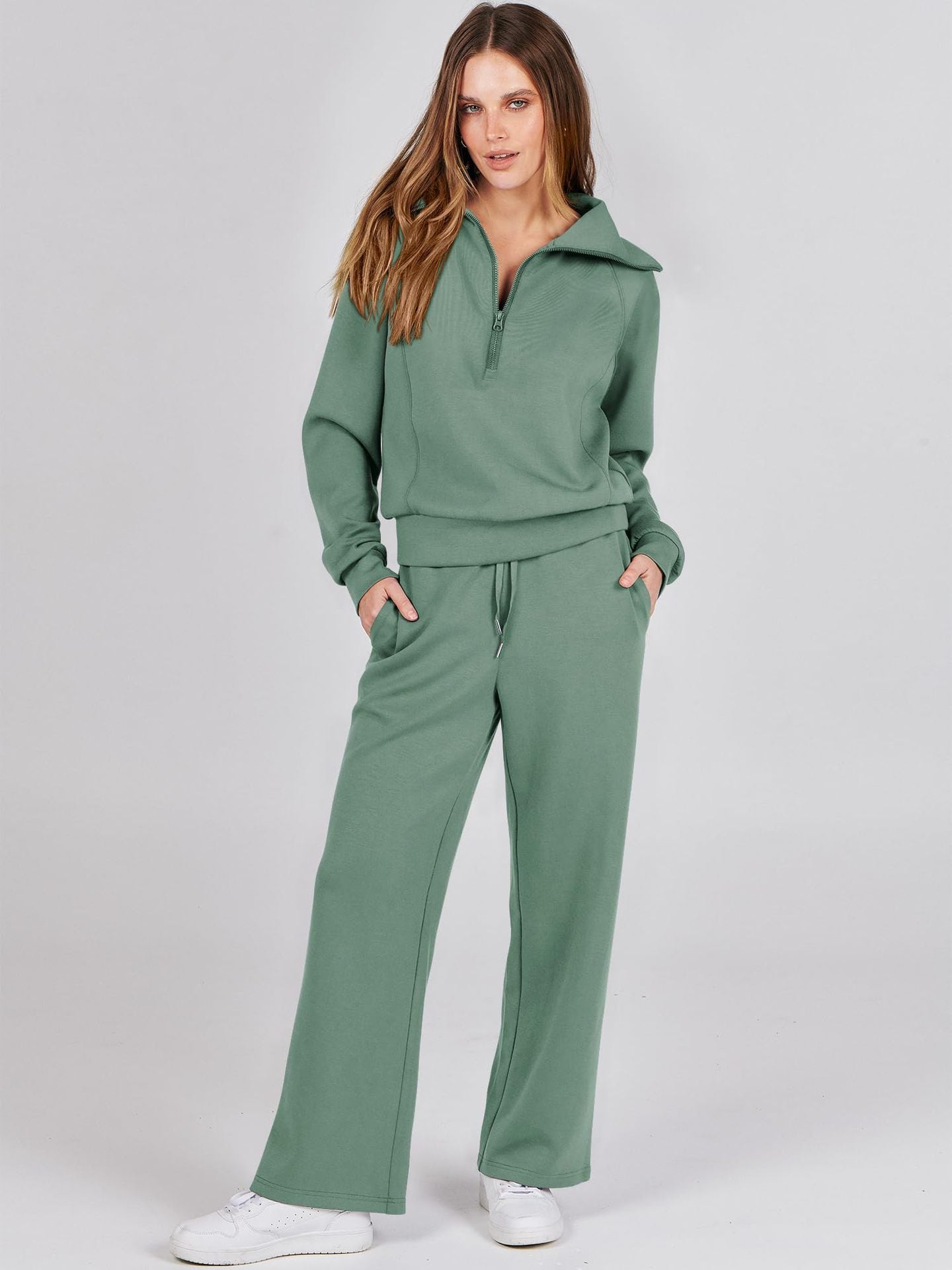 Casual Zippered Long Sleeved Two Piece Set