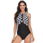 Sexy One-Piece High Neck V-Neckline Mesh Ruched Swimwear