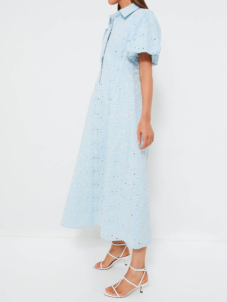 Eyelet Short Puff Sleeve Fitted Waist Dress