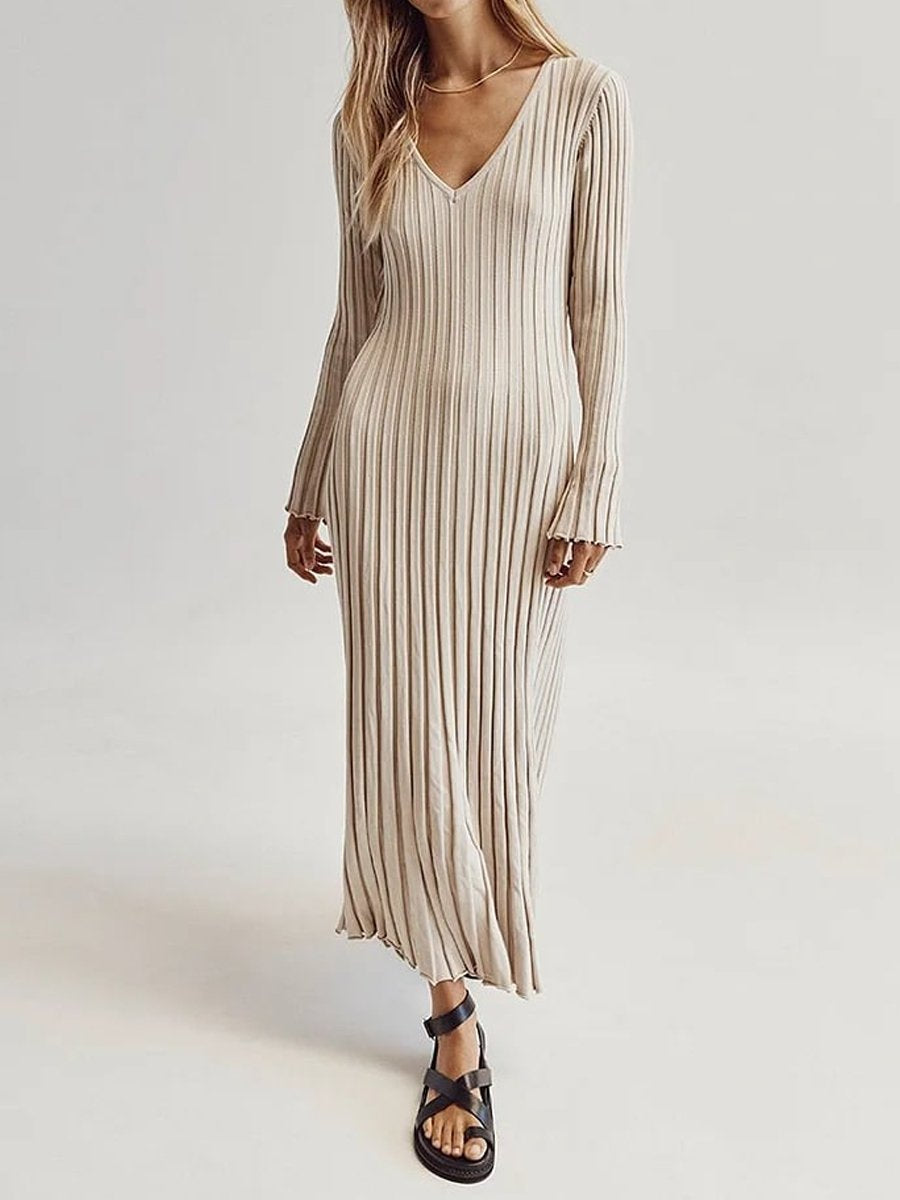 Casual V Neck Ribbed Knitted Dress