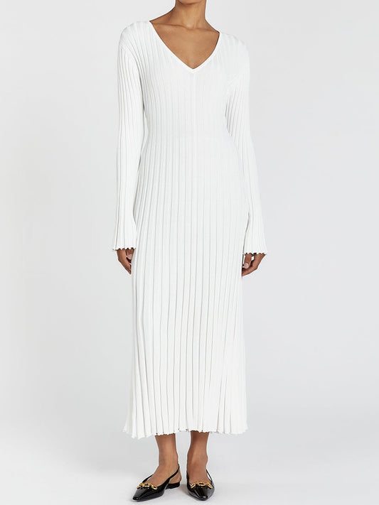 Casual V Neck Ribbed Knitted Dress