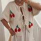 Cherry Embroidered Jacquard Cardigan Women's Strap Sweater