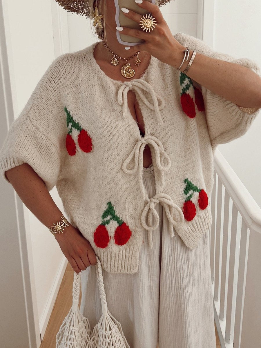 Cherry Embroidered Jacquard Cardigan Women's Strap Sweater