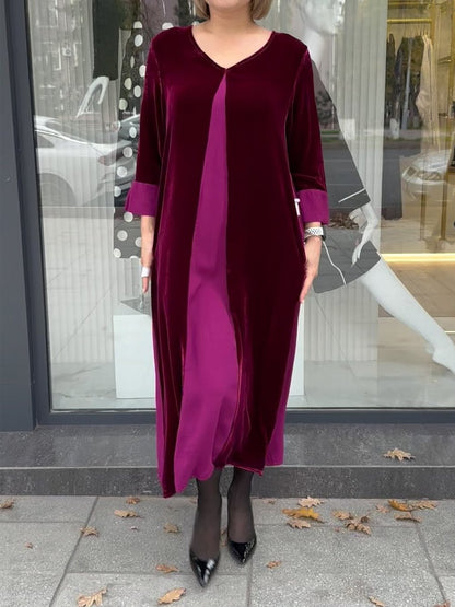 Velvet Patchwork Long Sleeve Midi Dress