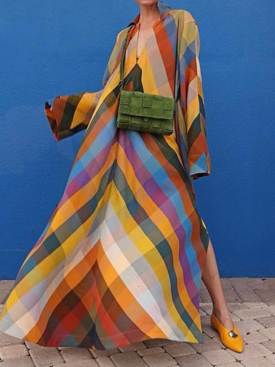 Long Sleeve Color Block Side Split V Neck Maxi Dress