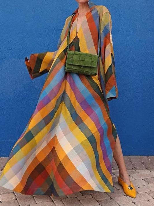 Long Sleeve Color Block Side Split V Neck Maxi Dress