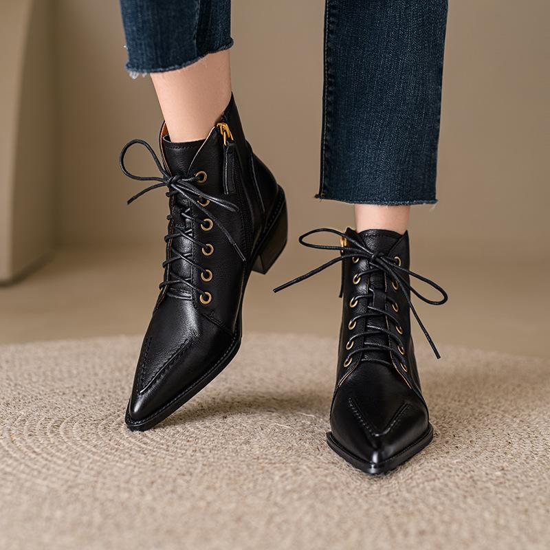 Retro Pointed Toe Chunky Heel Strappy Leather Boots