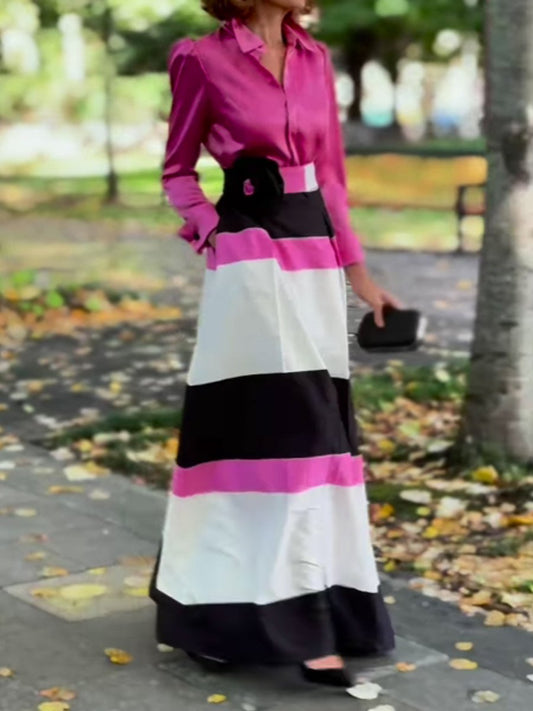 Elegant Color Block Long Sleeve Maxi Dress