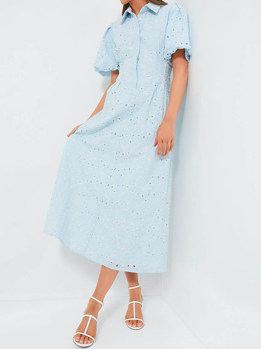 Eyelet Short Puff Sleeve Fitted Waist Dress