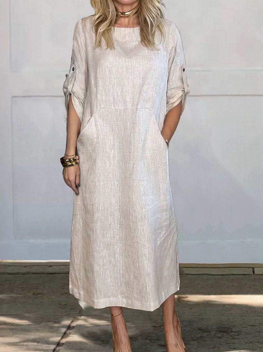 Loose Casual Solid Color Short Sleeve Cotton Linen Dress