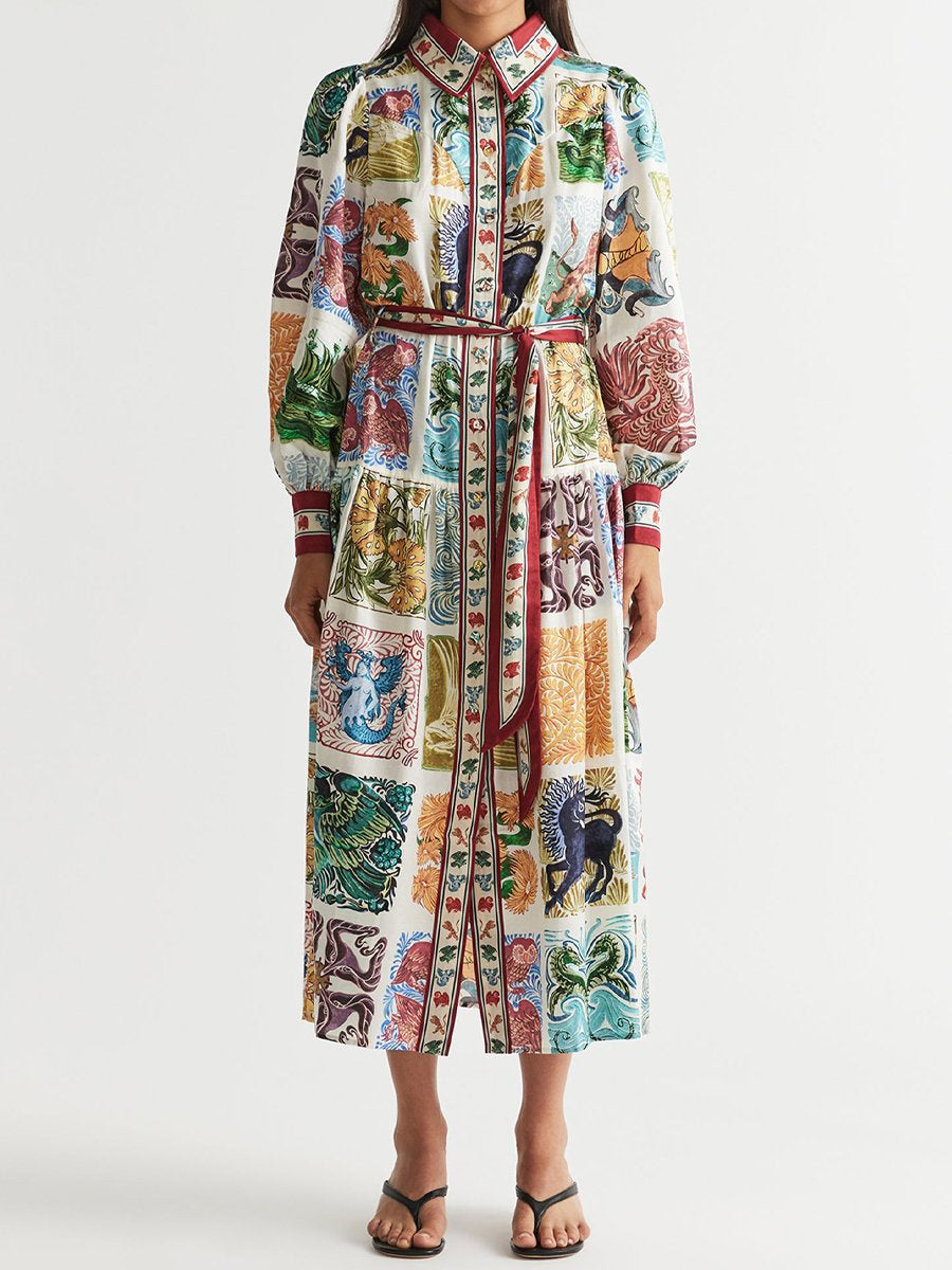 Printed Lantern Sleeve Belted Shirt Dress