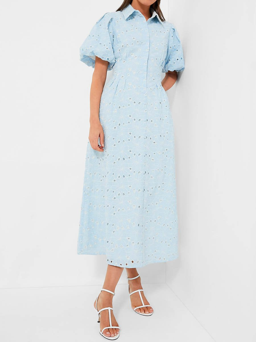 Eyelet Short Puff Sleeve Fitted Waist Dress