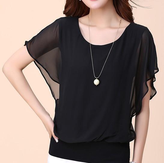 Round Neck Chiffon Short Sleeve Top