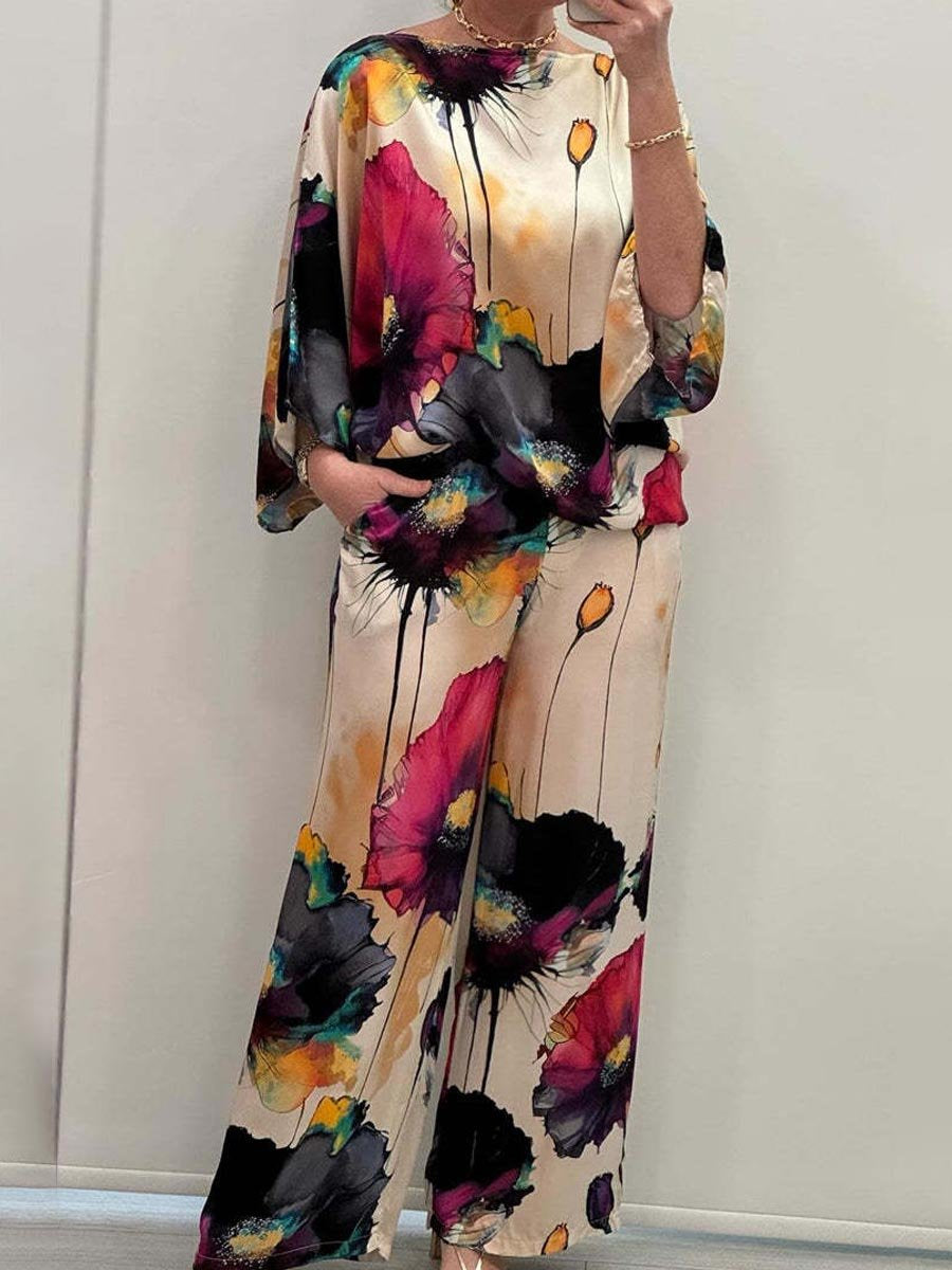 Elegant Satin Loose Printed Suit