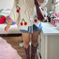 Cherry Embroidered Jacquard Cardigan Women's Strap Sweater