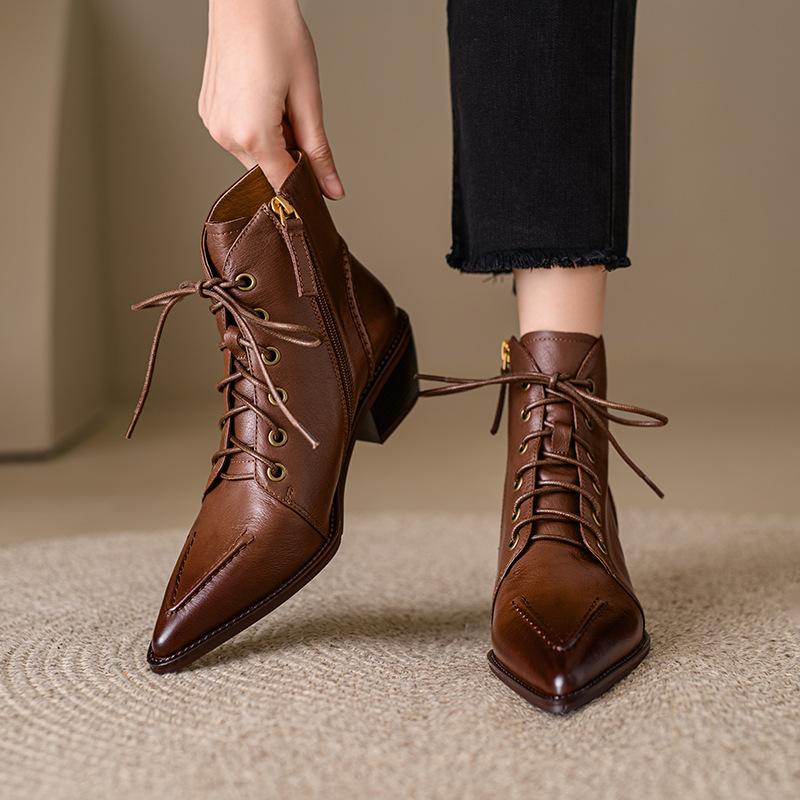 Retro Pointed Toe Chunky Heel Strappy Leather Boots