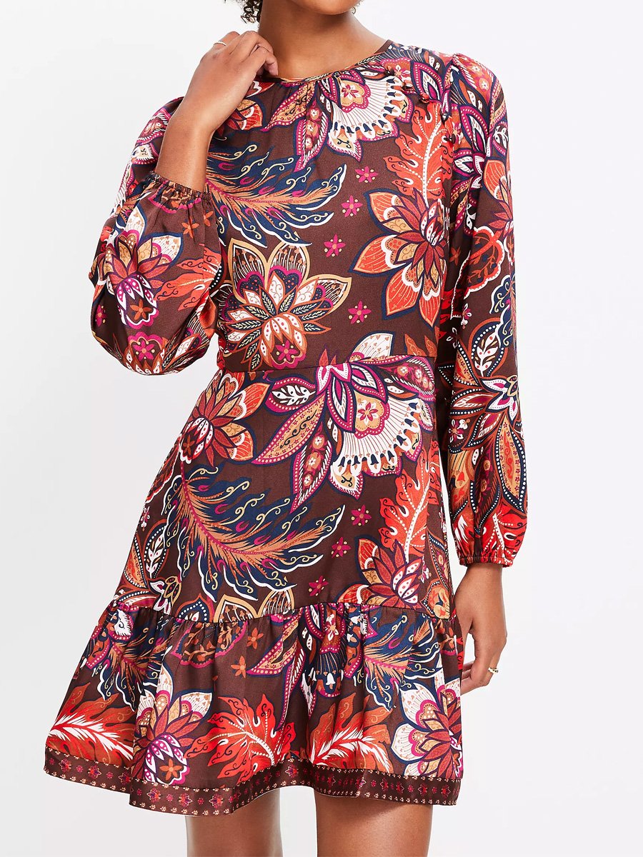 Printed Long Sleeve Flounce Dress