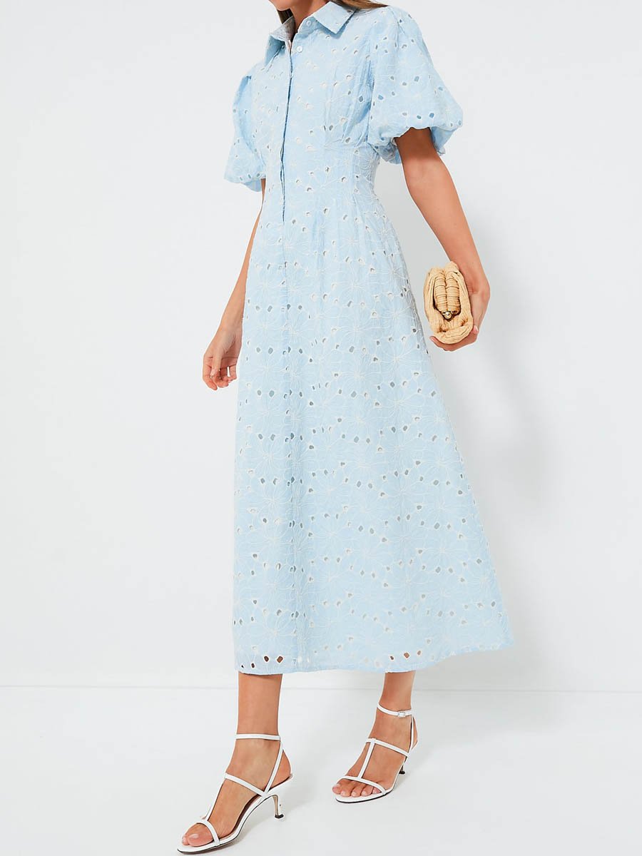 Eyelet Short Puff Sleeve Fitted Waist Dress